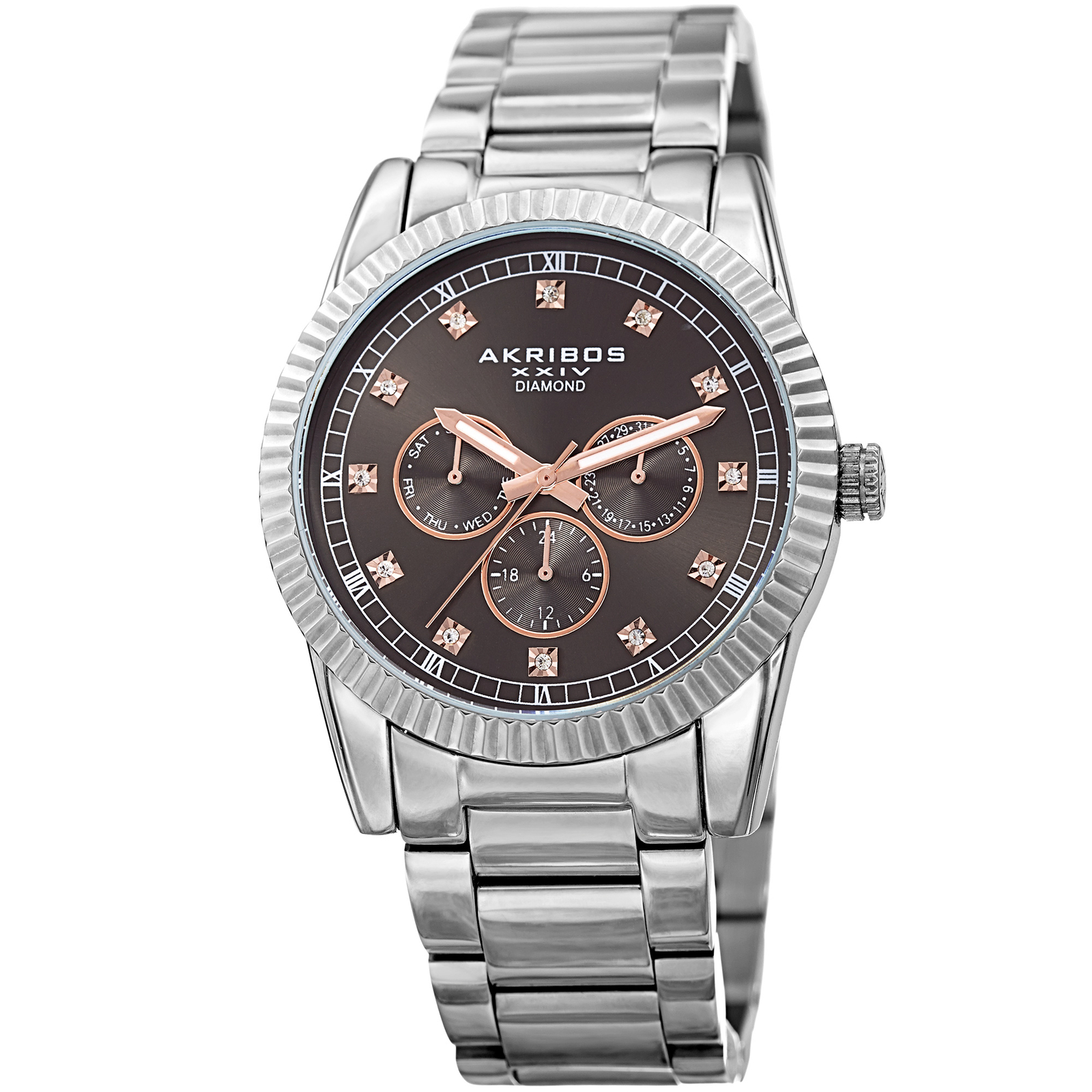Men’s Akribos XXIV AK958SSGY Silver 12 Diamond Hour Marker Link Bracelet Watch