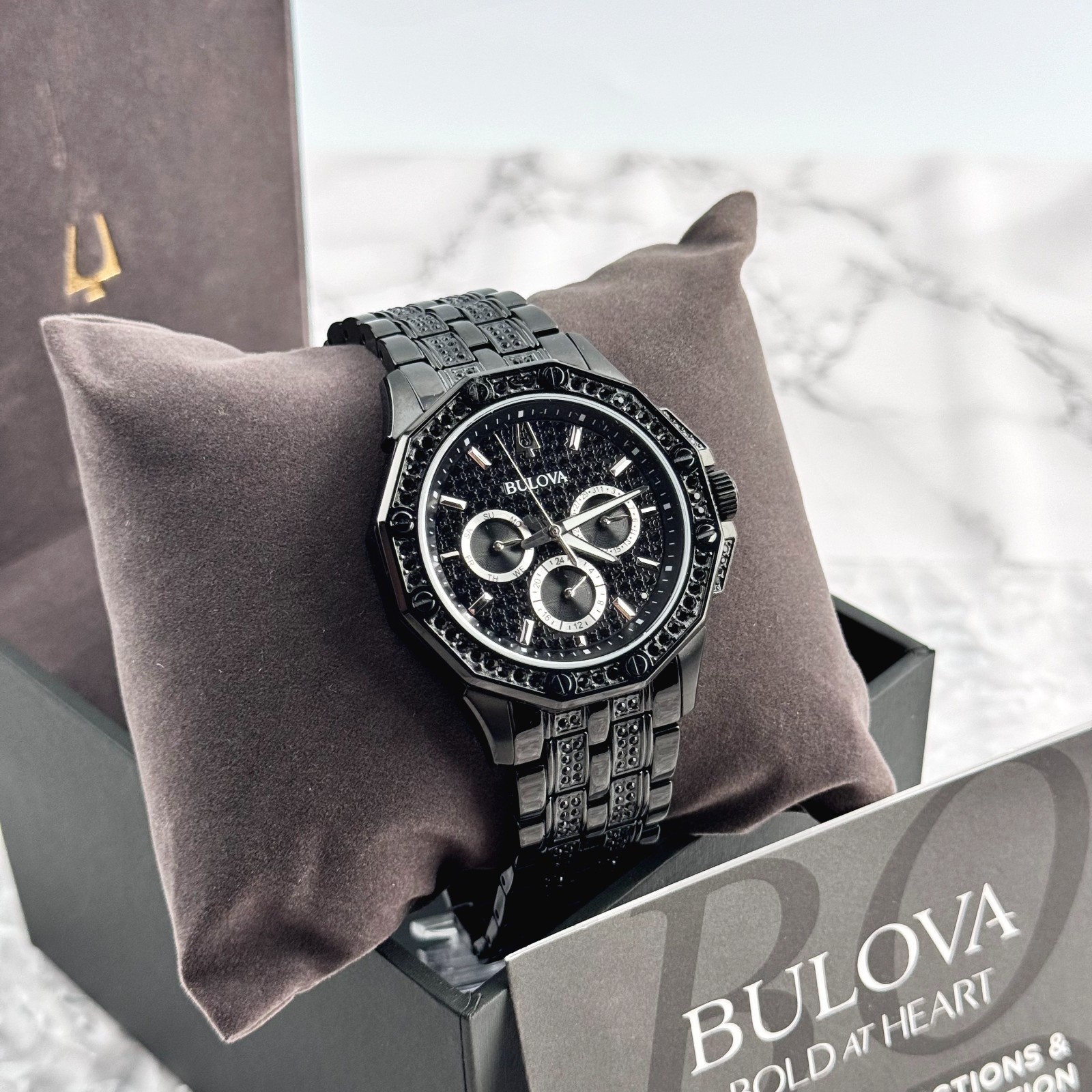 Bulova Octava Crystal Black Pave Dial Stainless Steel Quartz Men’s Watch 98C134