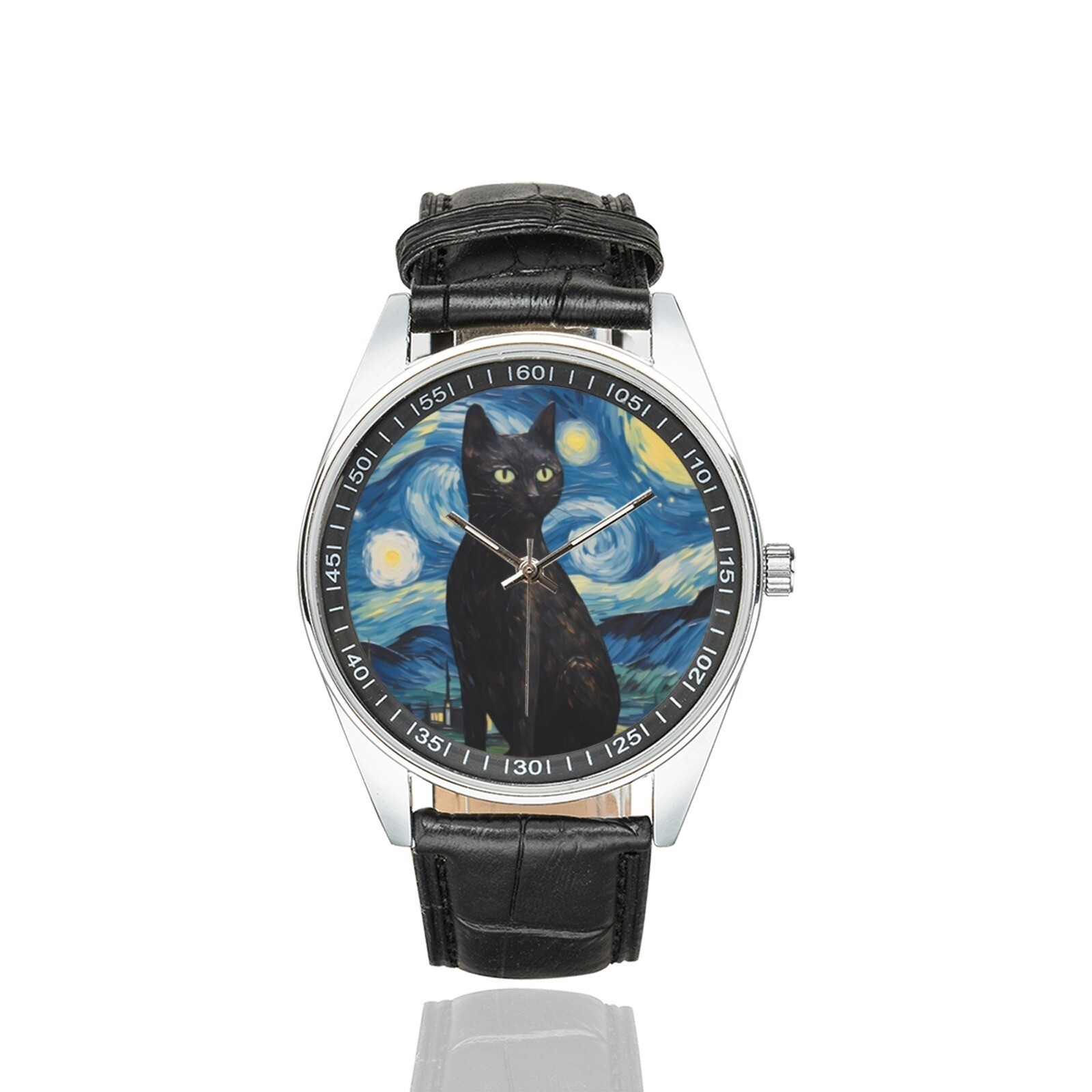 Starry Night Bombay Cat Watch with Black Leather Band For Adult
