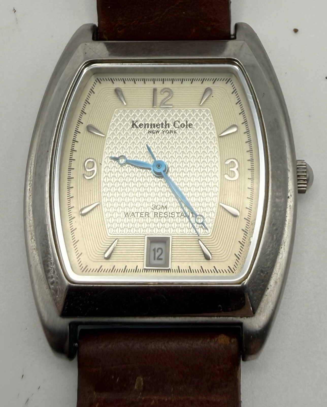 Kenneth Cole Quartz New York Tonneau SS Brown Leather Silver Dial Date 30m