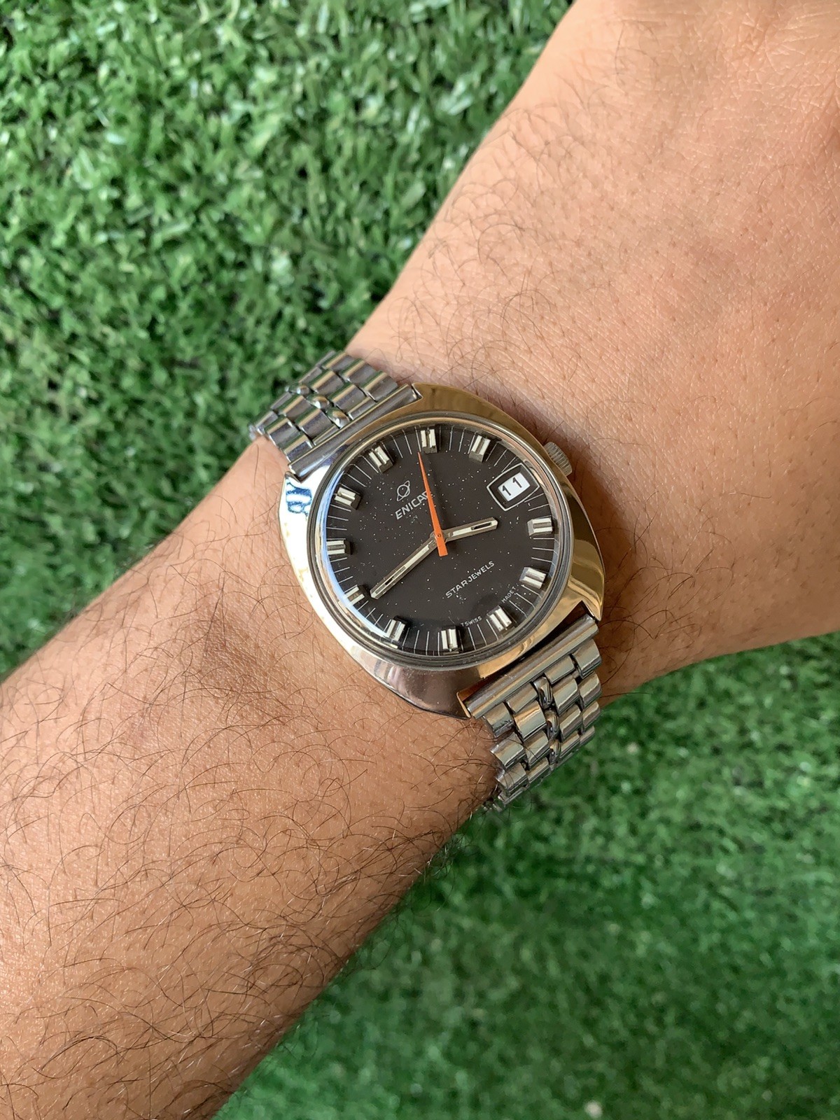 Vintage Enicar Ocean Pearl Watch Stainless Steel Star Jewels Dial 36mm Men 1960s