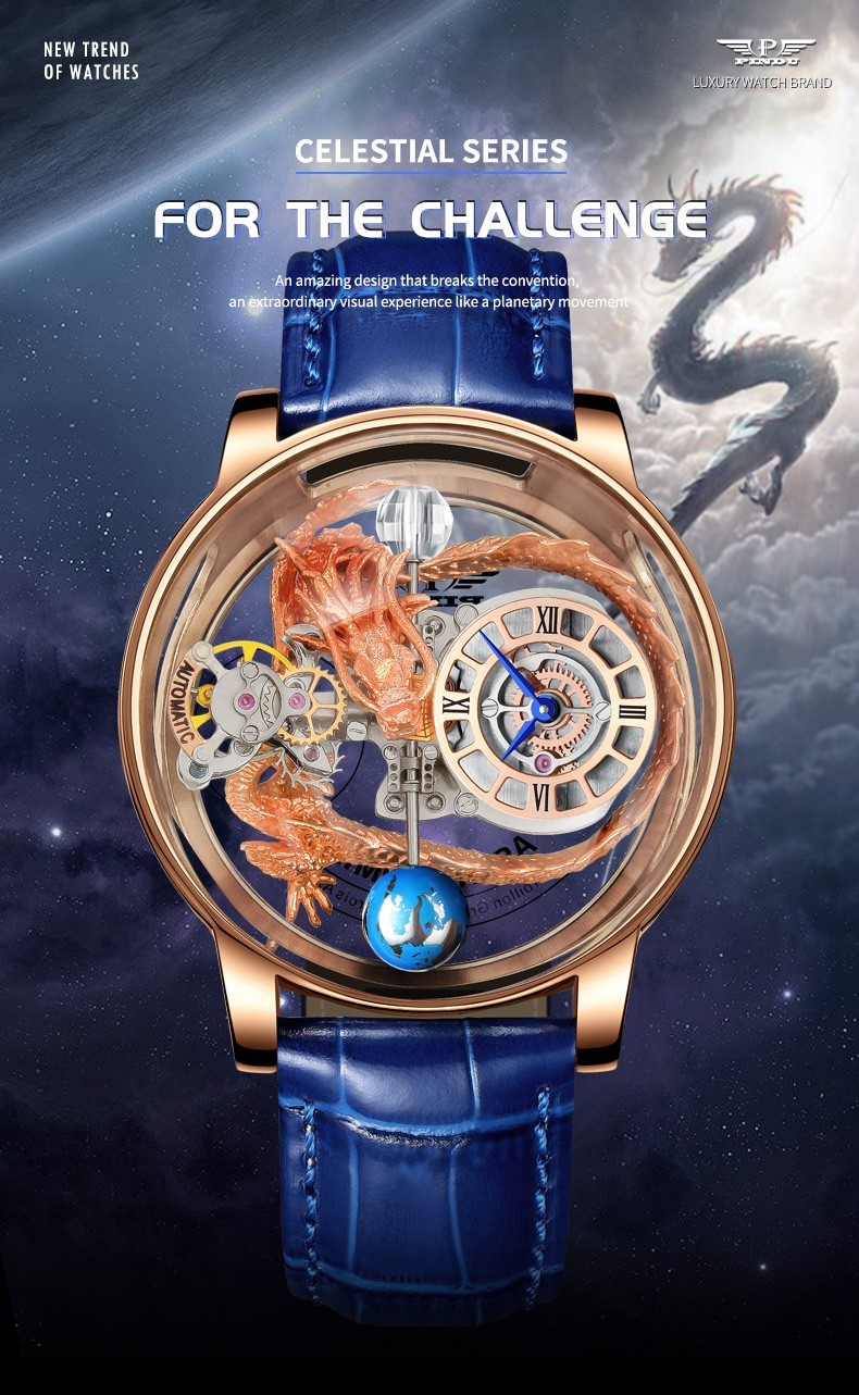 PINDU Luxury Celestial Unmoving Dragon Waterproof Sports Machinery Men’s Watch