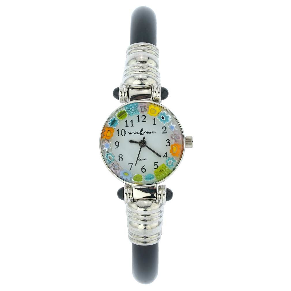 GlassOfVenice Murano Glass Millefiori Bangle Watch – Silver Black Multicolor