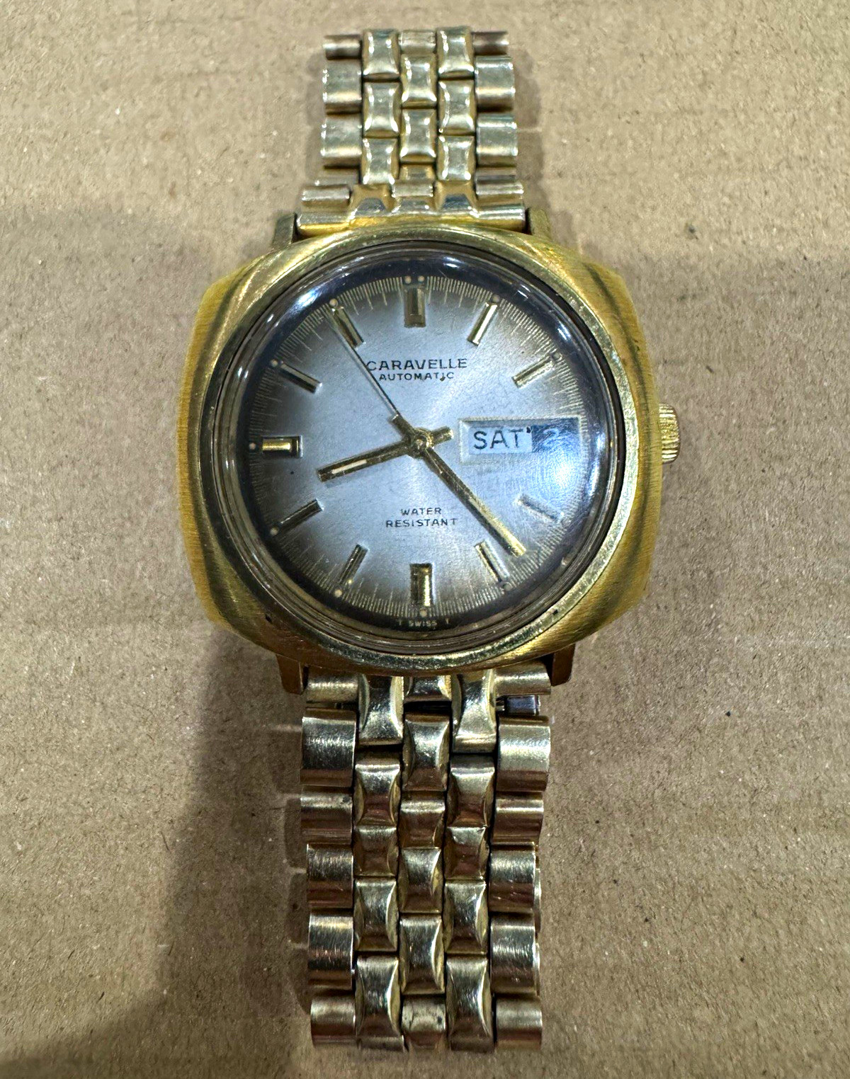 Caravelle Automatic 17J Gold Dial Day/Date Gold Case SS Bracelet 37mm case