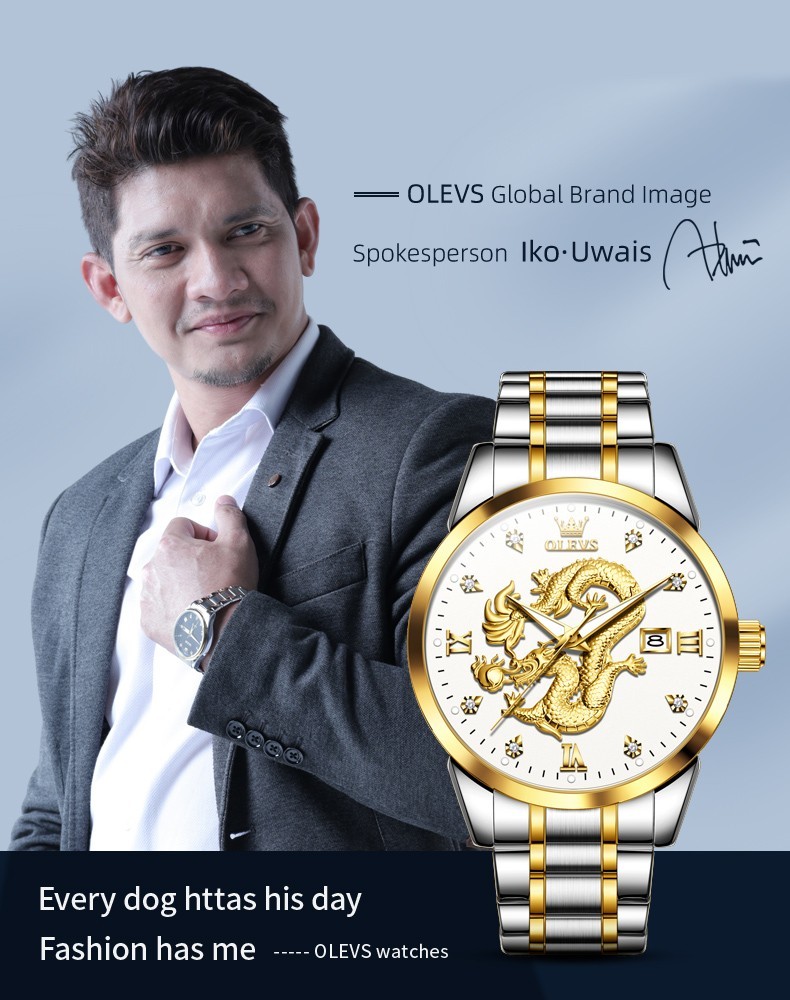OLEVS 3D Dragon Japan Movement Luxury Classics Men Gift Quartz Wristwatch 3619