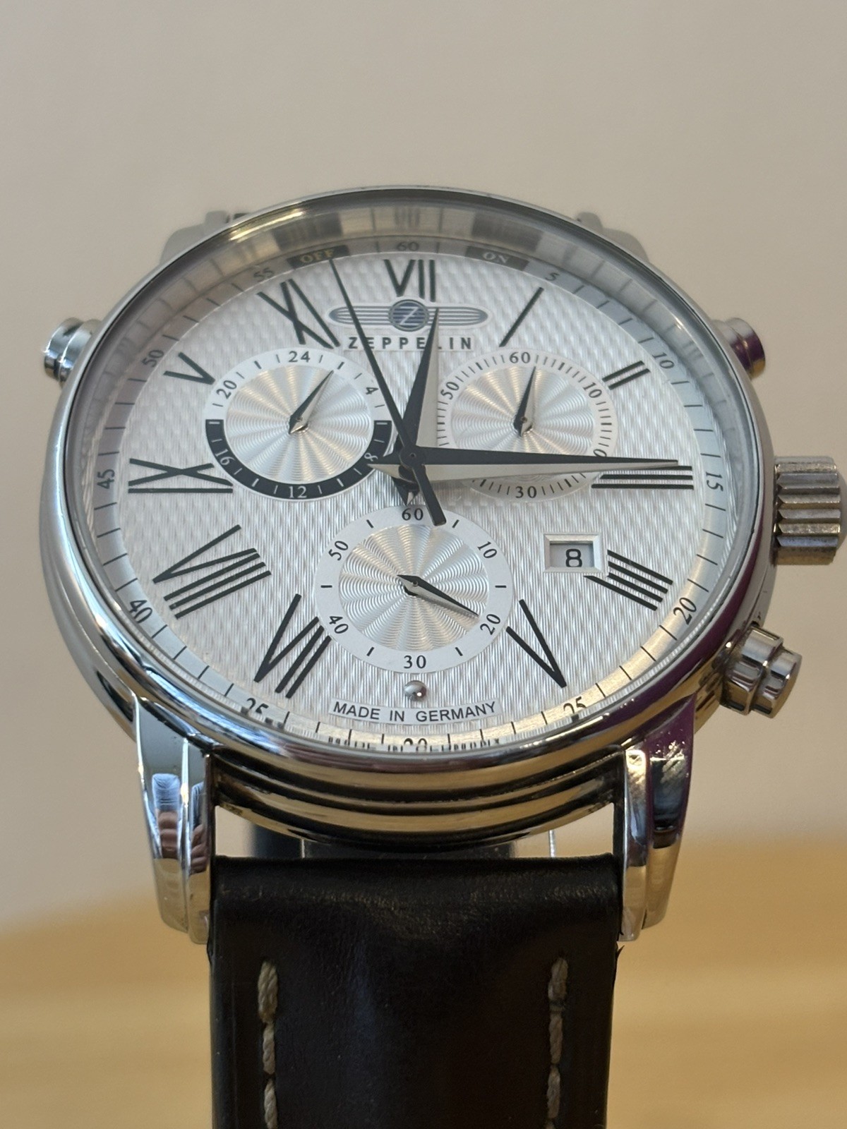 Zeppelin LZ127 Chronograph Alarm Watch White Dial – Polished Made In Germany