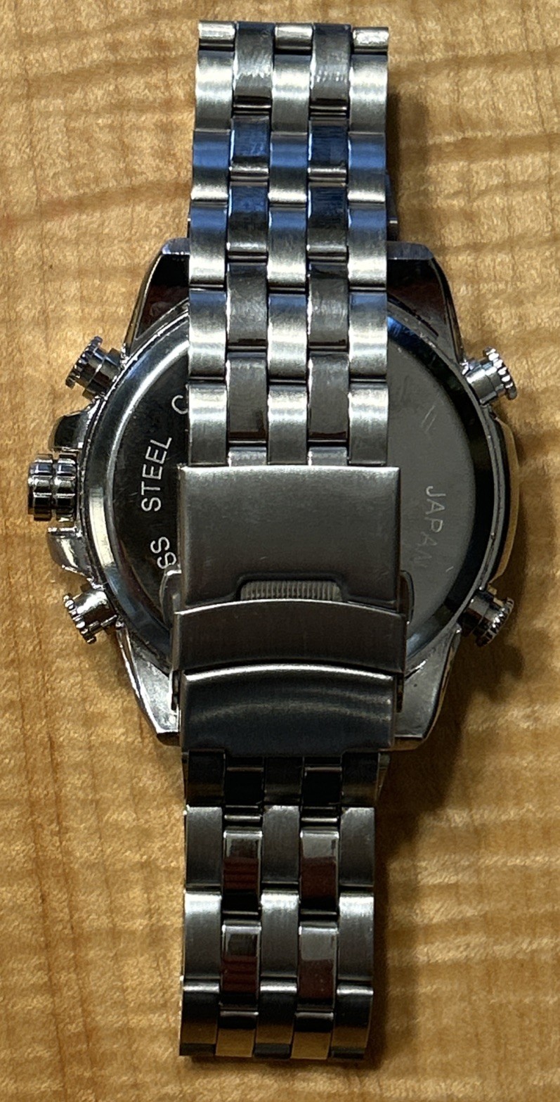 Men’s Silver/Blue/White Tachymeter Chronograph Folding Clasp Watch Needs Battery