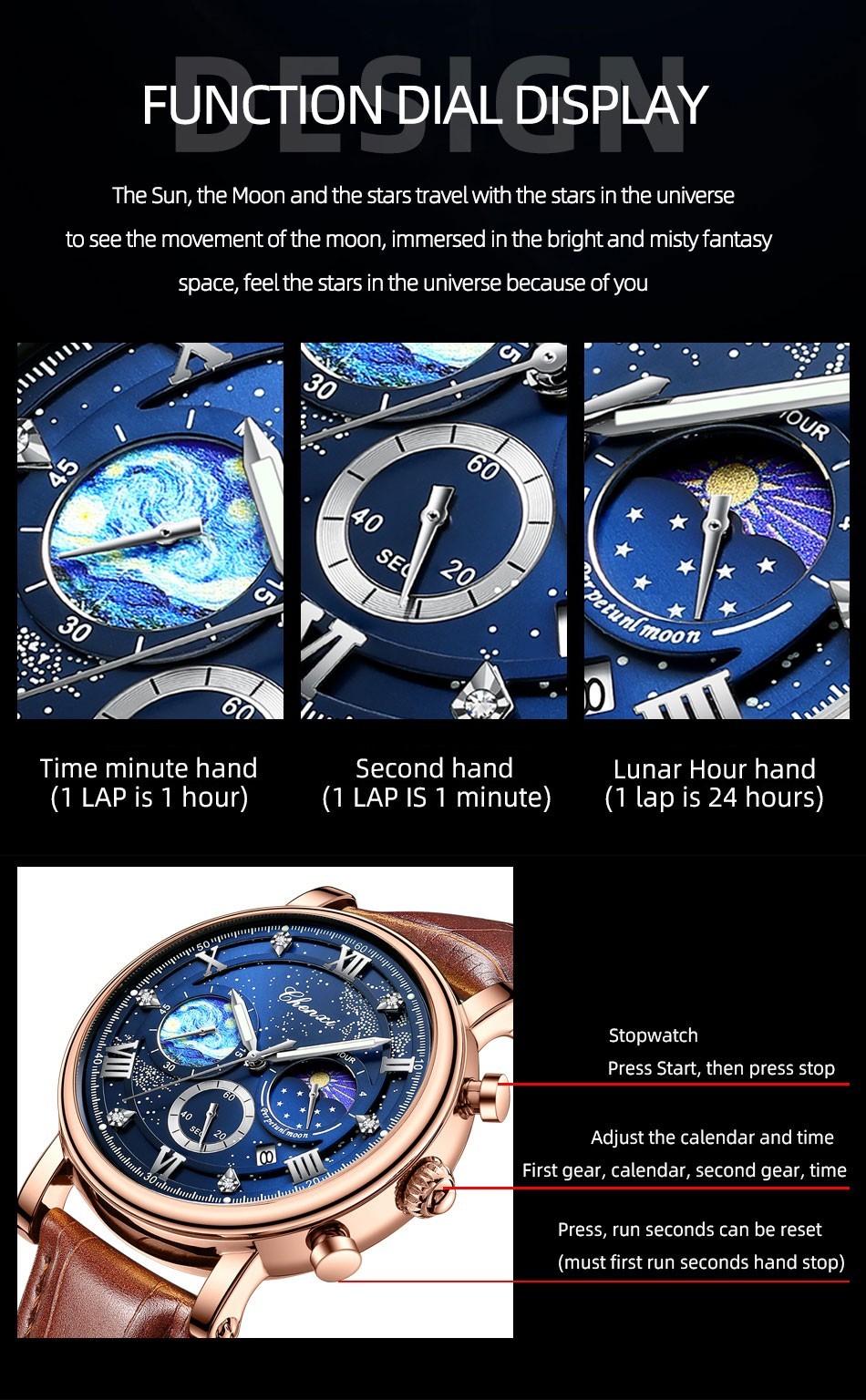 CHENXI Men’s Luminous Dial Calendar Chronograph Moon Phase Business Quartz Watch