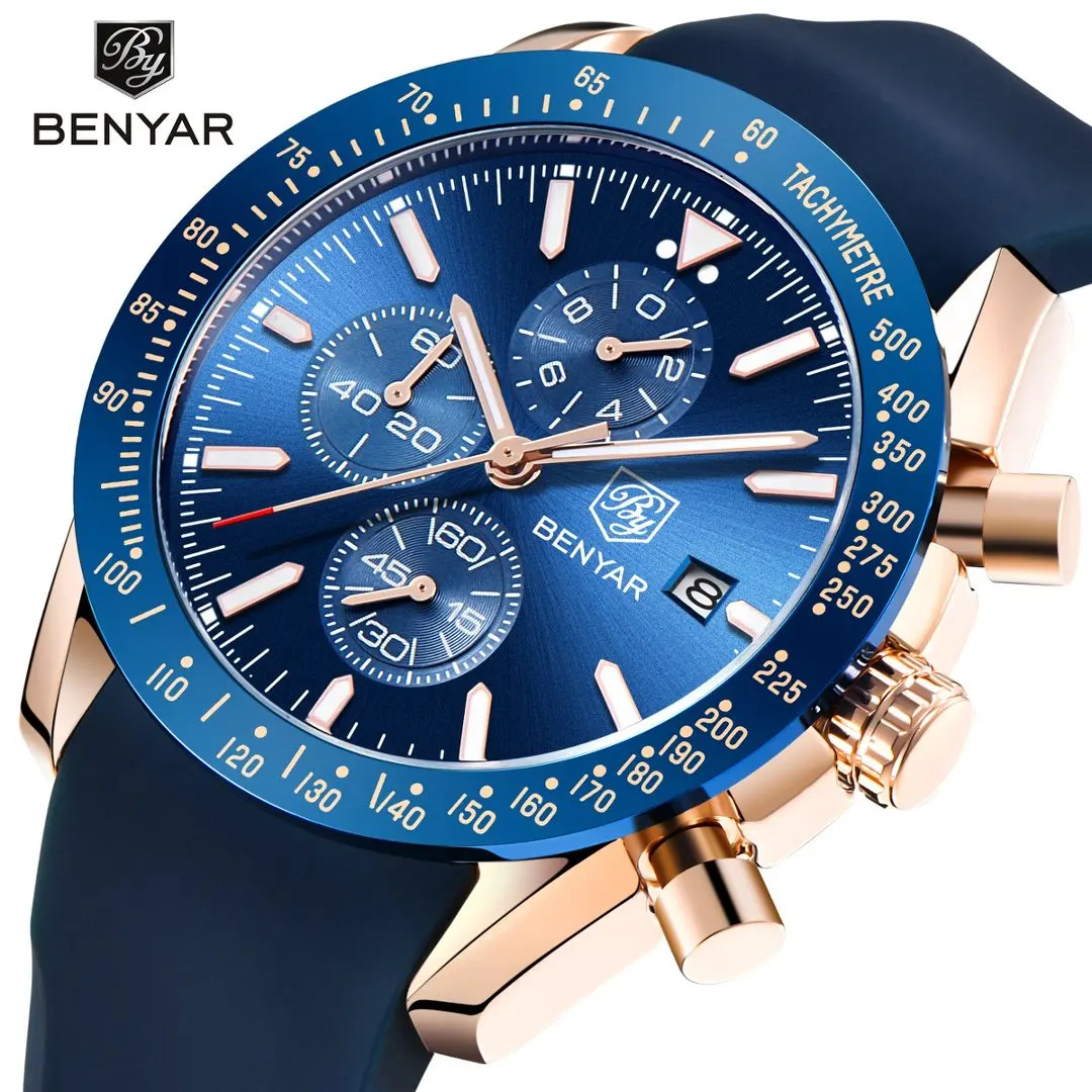 BENYAR BY-5140 Men’S Quartz Watch Alloy Case Silicone Strap Fashion Casual 3Bar