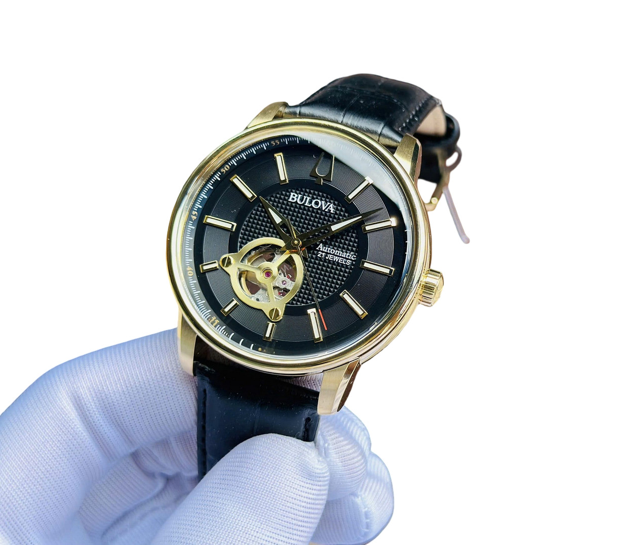 Bulova 97A166 Automatic Gold Tone Black Dial Leather Band Men’s Watch