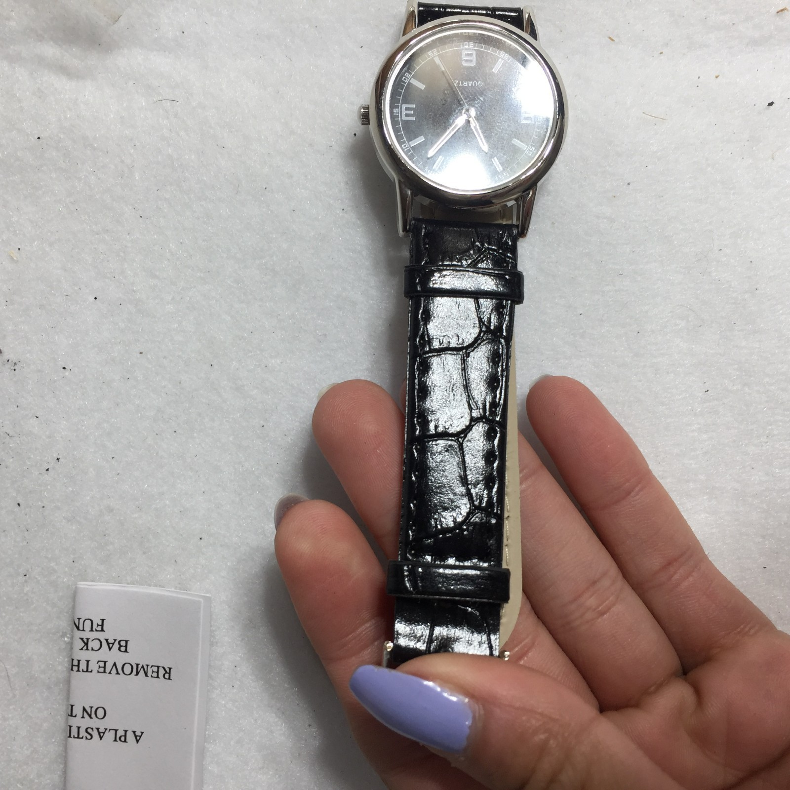 NEW Quartz Watch Black Faux Leather Band Silver Case Black Dial