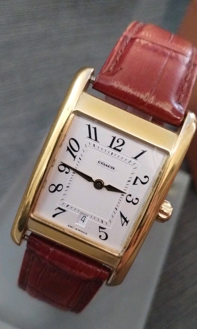 Coach Tank Style Quartz Watch W503B Date Window Brown Crocodile Embossed Leather
