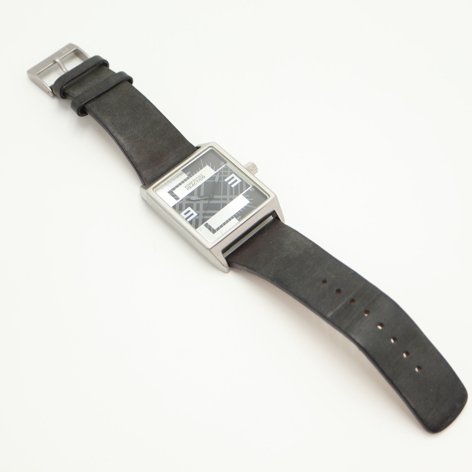 Kenneth Cole Reaction Mens 41mm Square Geometric Watch Black Leather New Battery