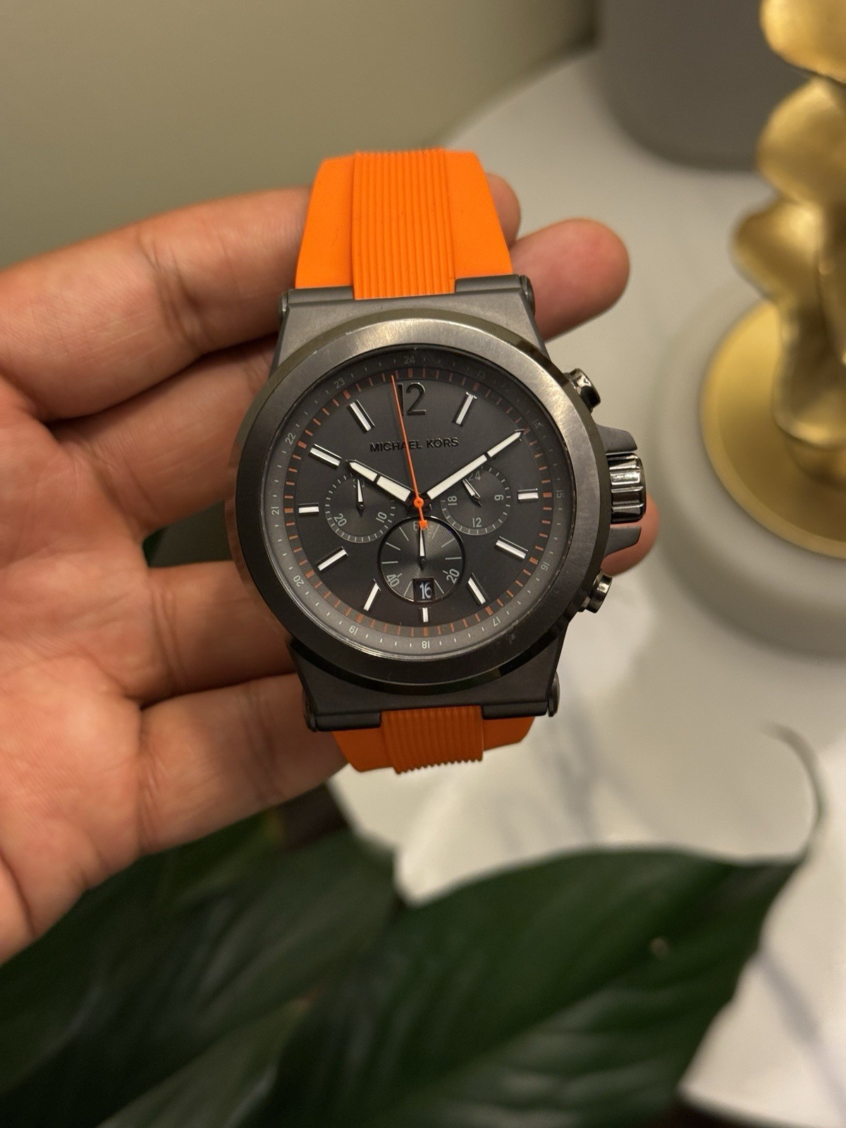 Michael Kors Gray Dial Chronograph Watch with Orange Strap Mens