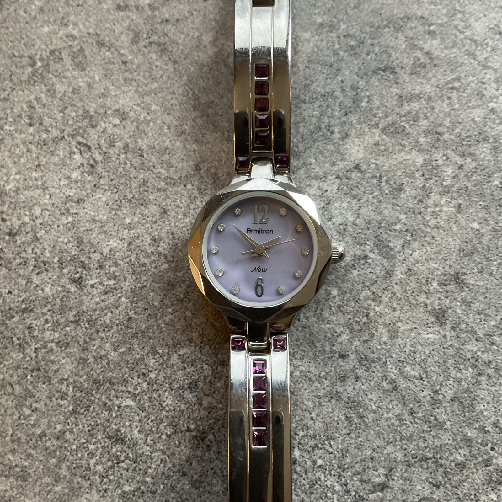 Beautiful Armitron Womens Watch 23mm Silver Tone Case/Band Purple MOP Dial Bin G