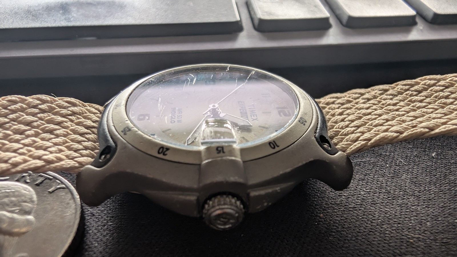 Timex Expedition WR50M Indiglo Date Cream Dial One-Piece Strap Watch