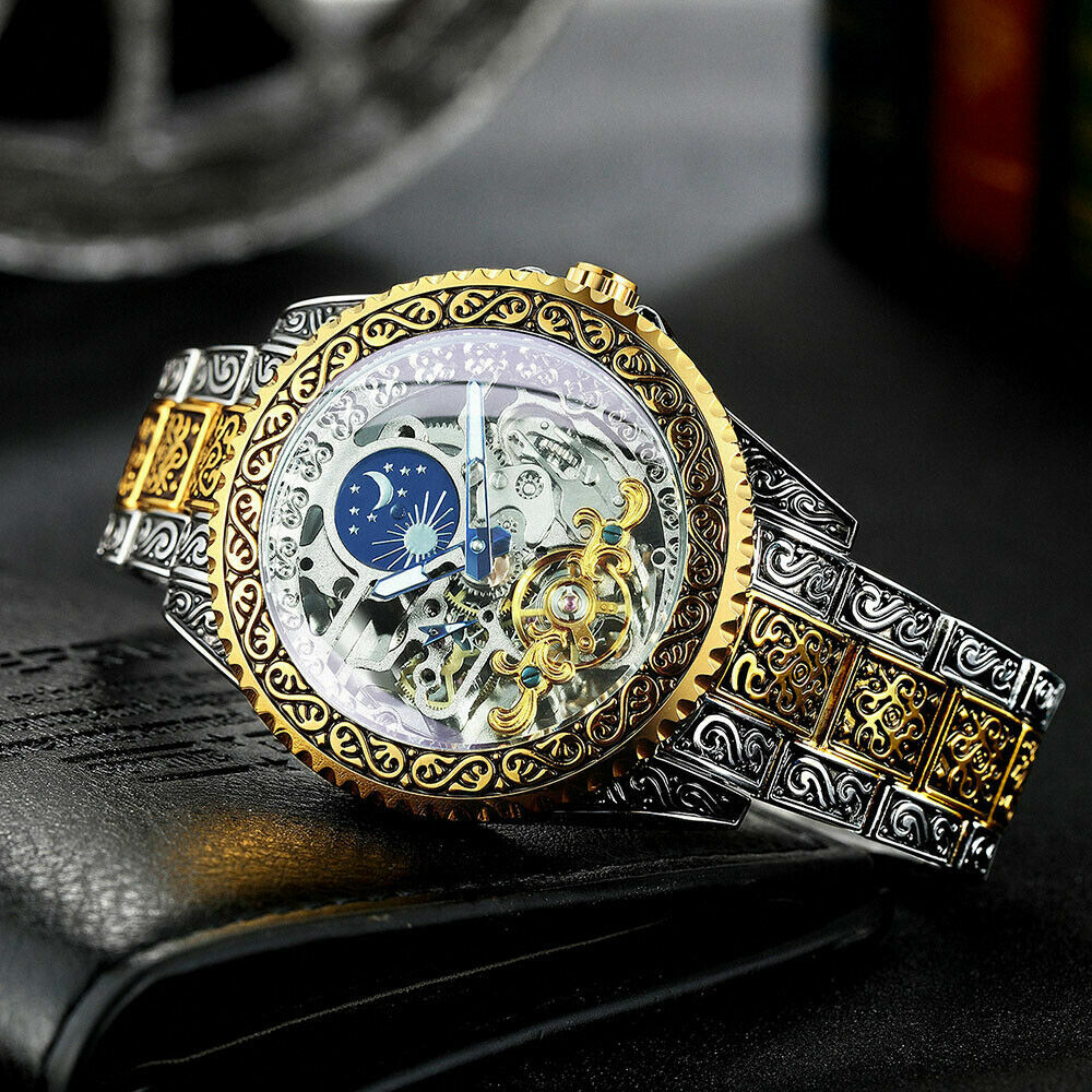 FORSINING Men Retro Luxury Carved Skeleton Tourbillon Automatic Mechanical Watch