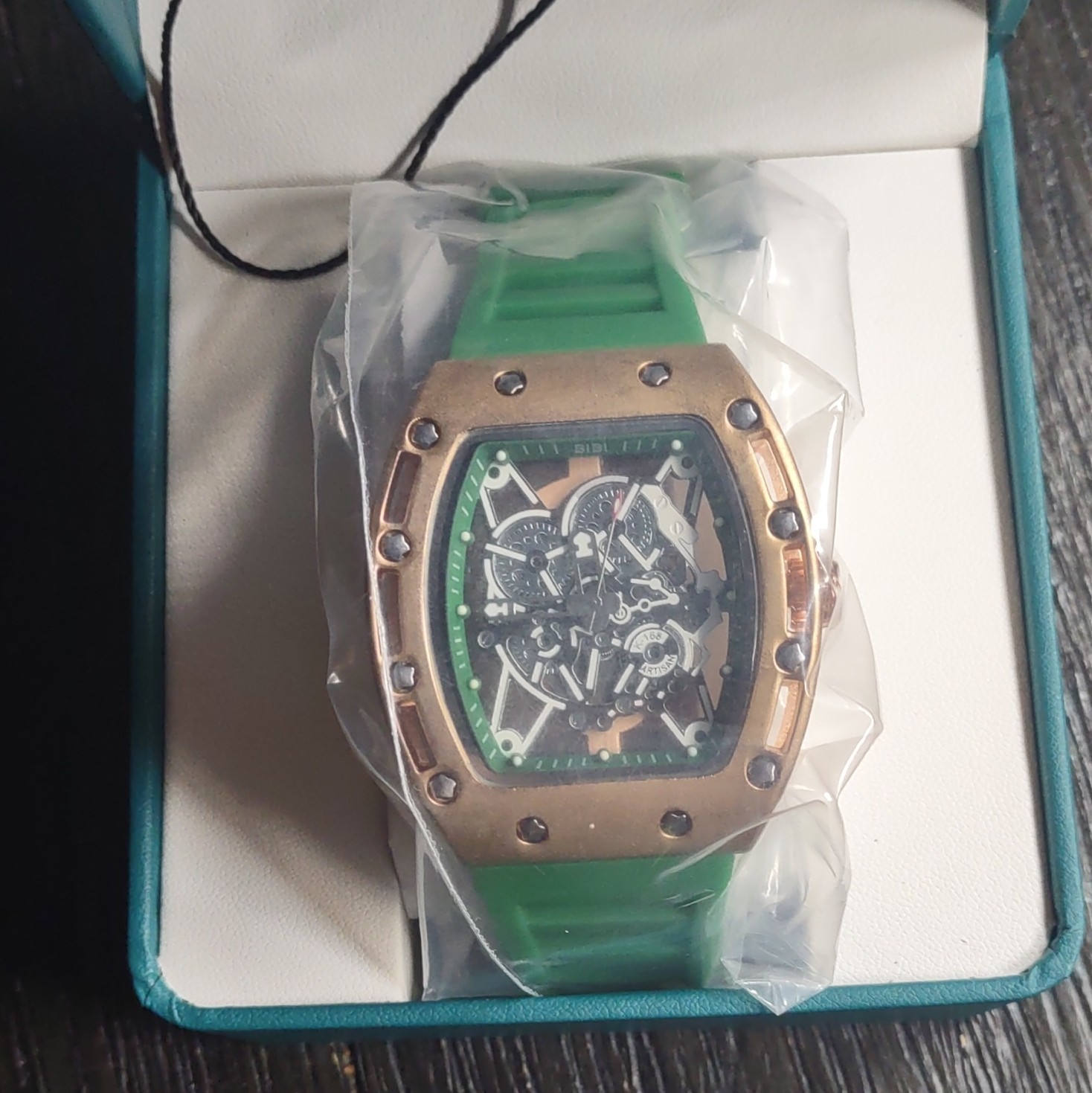 Bibi Tonneau Automatic Skeleton Watch Rose Gold Case Green Strap Box Papers