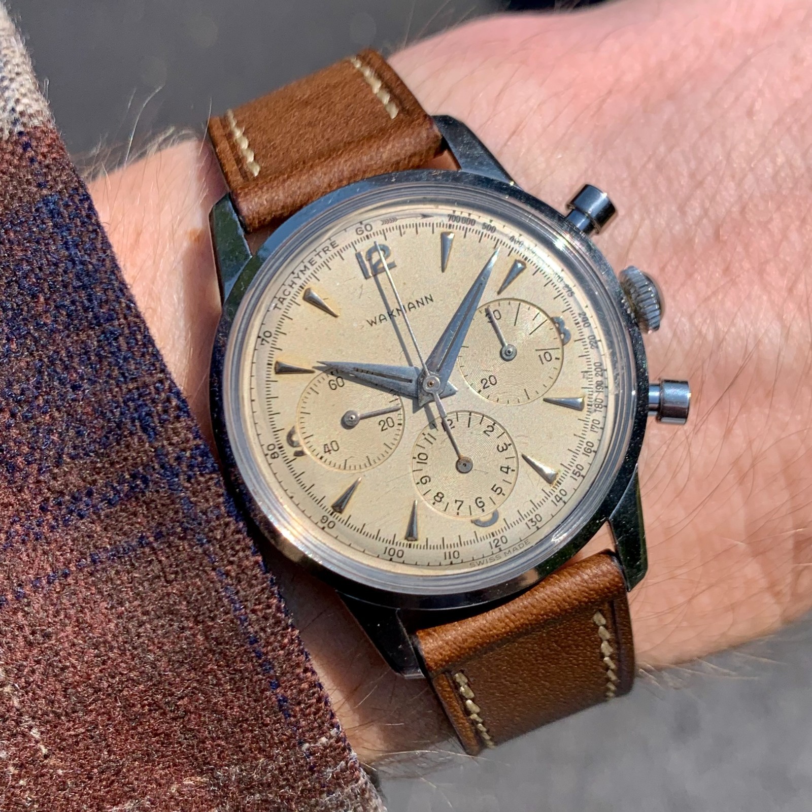 Vintage Wakmann Three Register Stainless Steel Chronograph Wristwatch