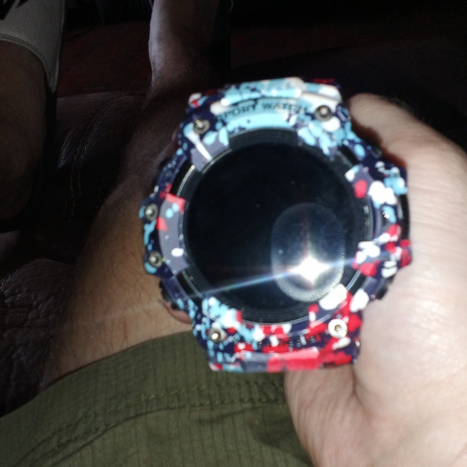 Men’s Round Smart watch Black Dial Red/Blue/White Camo Silicone Band