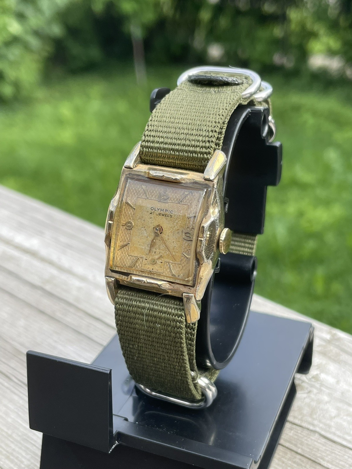 1940’s Men’s Vintage Olympic Tank Watch 21 Jewel Manual Wind Arabic Numeral Dial