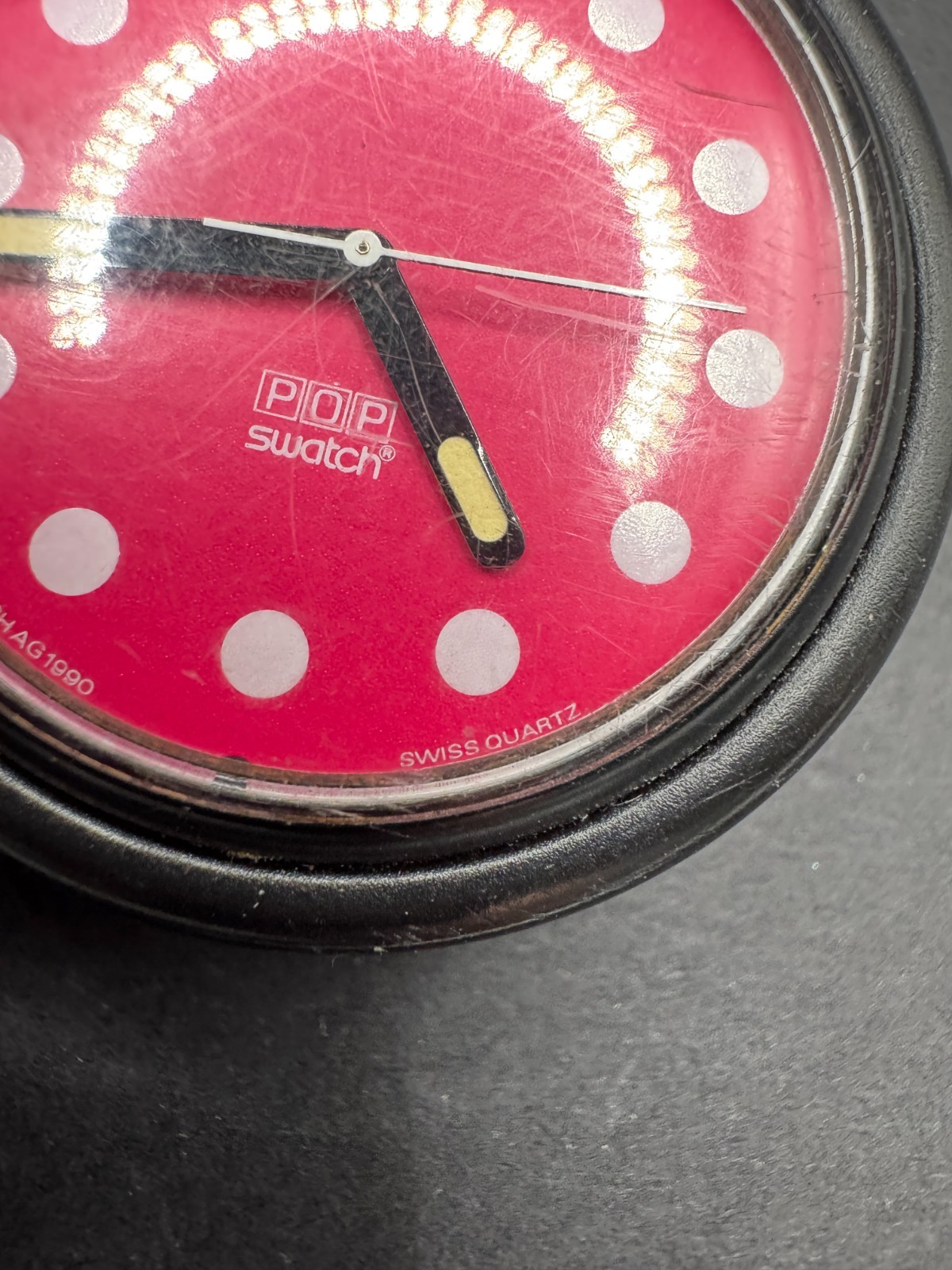 1990 Swatch Pop Shangri Watch Red Pink Velvet Polka Dots One Piece Strap