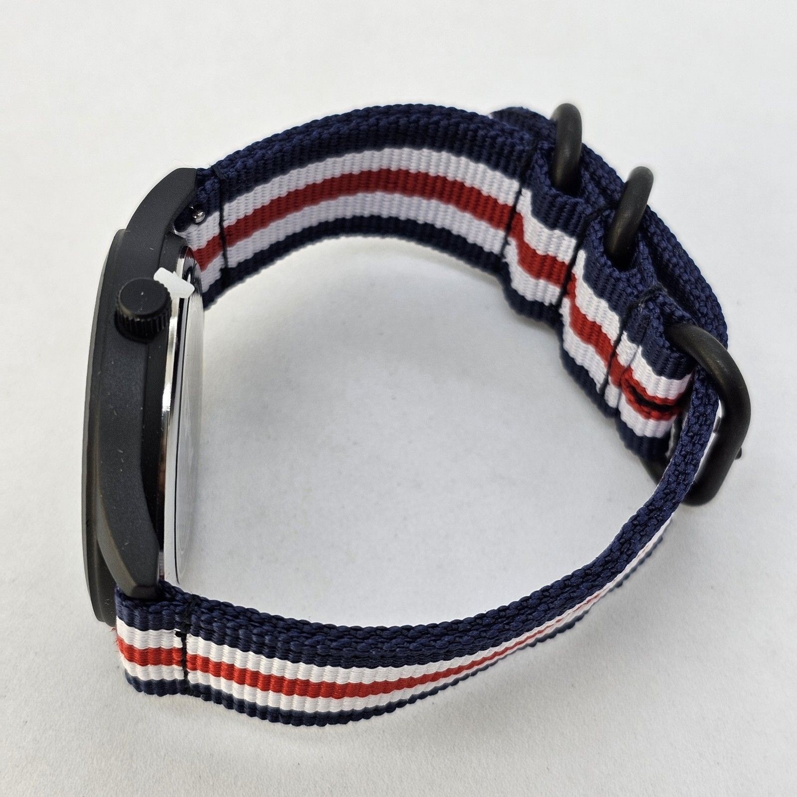 Field Men’s Watch 42MM Black Case Dial Blue White Red Canvas Band Straps NewBatt