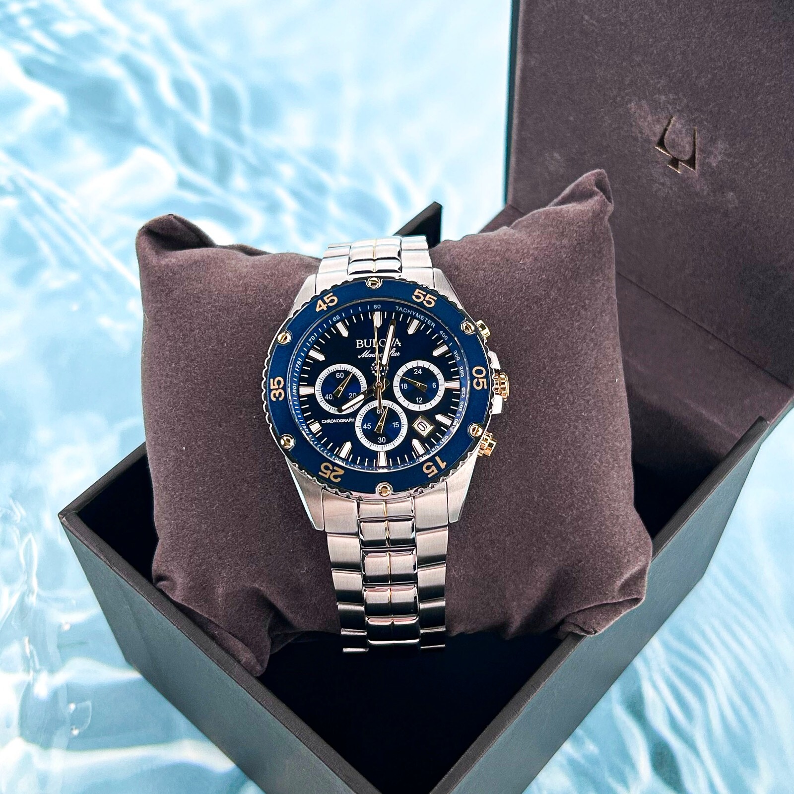 Bulova Men’s Marine Star 98B400 Blue Dial Chronograph Quartz Watch 41.5mm