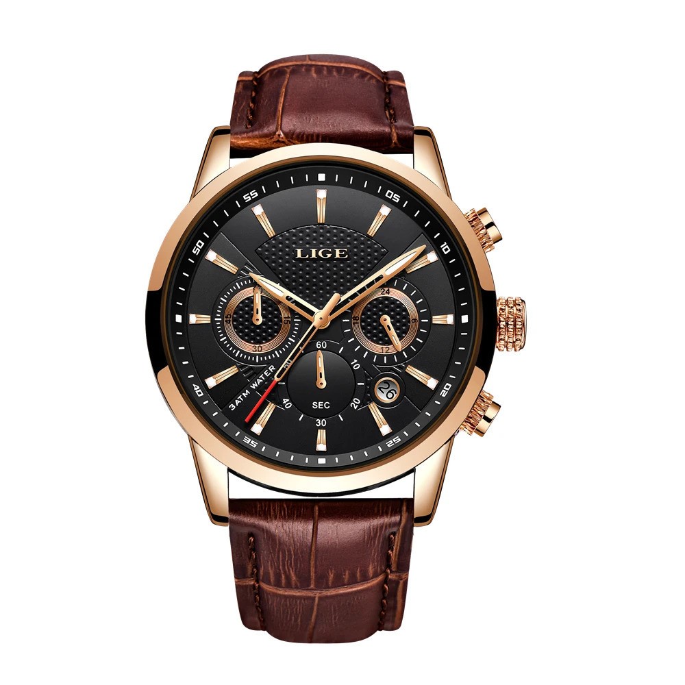 LIGE Men’s Luxury Chronograph Leather Strap Quartz Watch Waterproof Analog Date