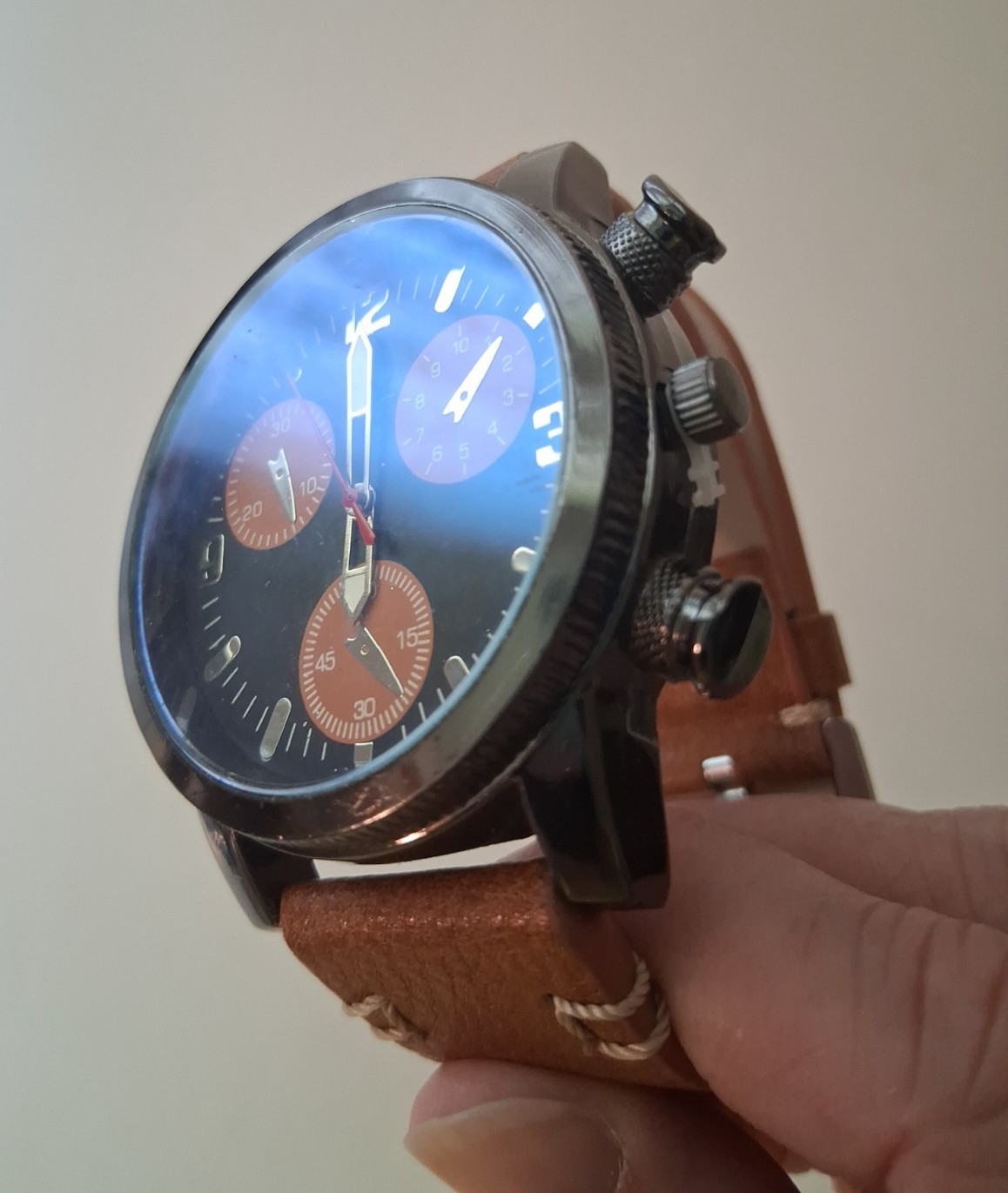 Chronograph Watch Dark Brown face Brown subdials Brown leather strap Working