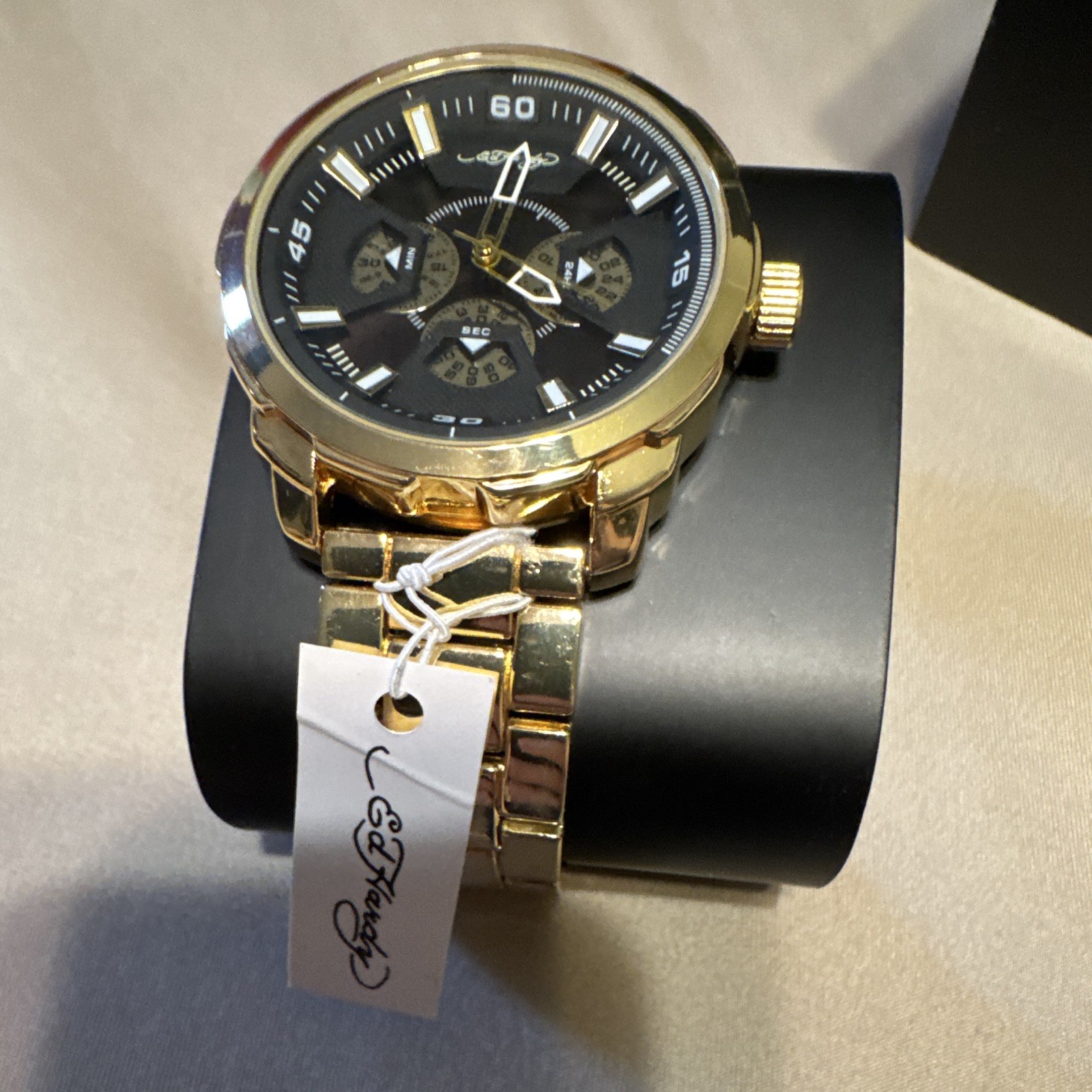 Ed Hardy Quartz Black Dial Gold-Tone Bracelet Watch Fixed Bezel w/ Box
