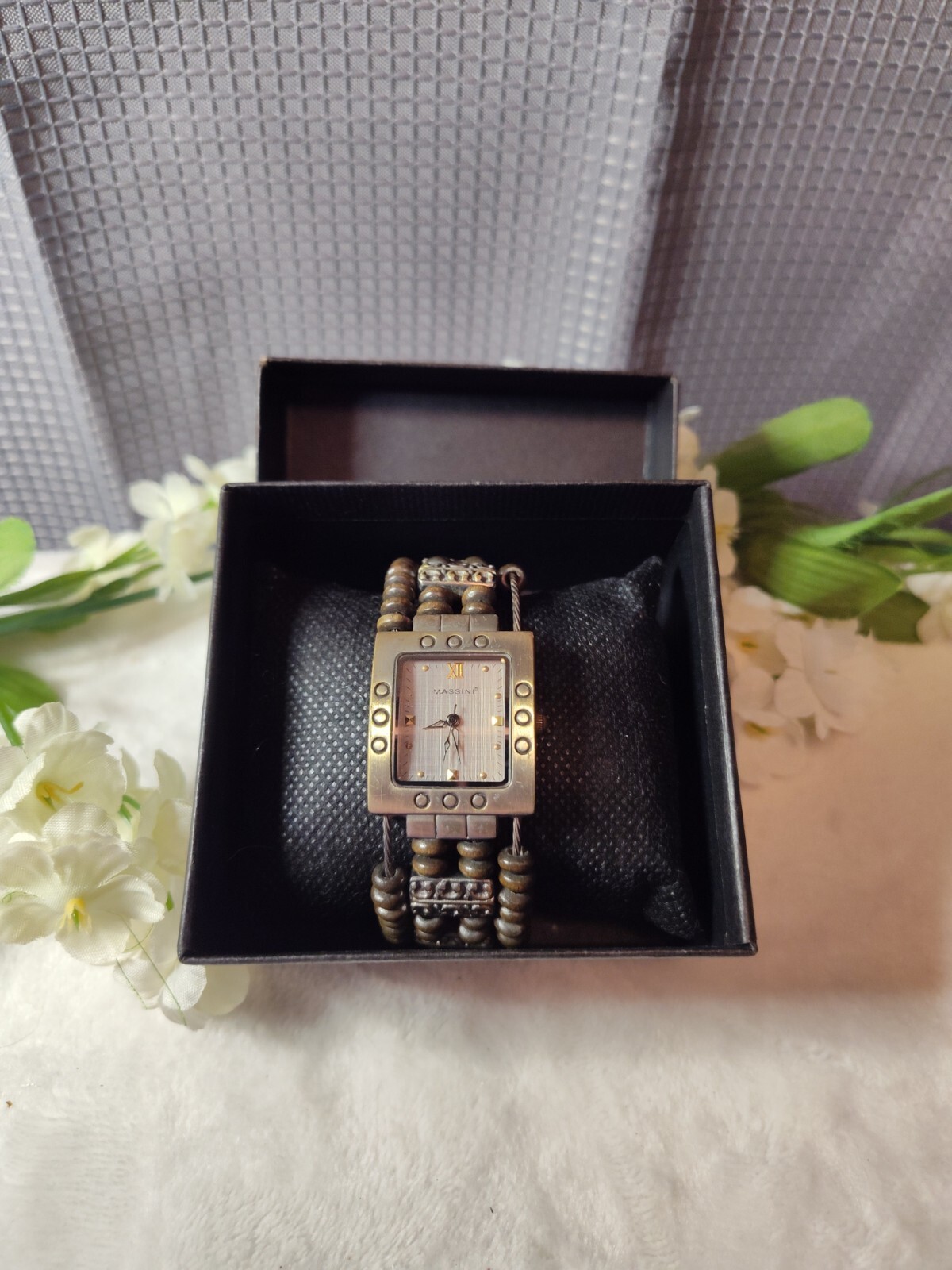 Women’s Massini Bronze Tone Wooden Bead Watch Flex Cuff Bracelet Running