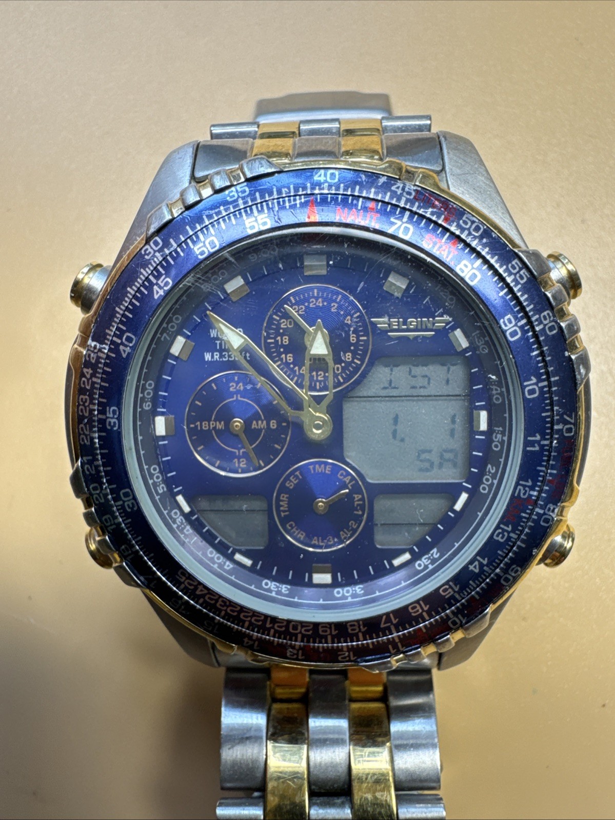 Mens Blue Dial ELGIN. WORLD TIME SPORTSMAN Watch New Battery. See Description.