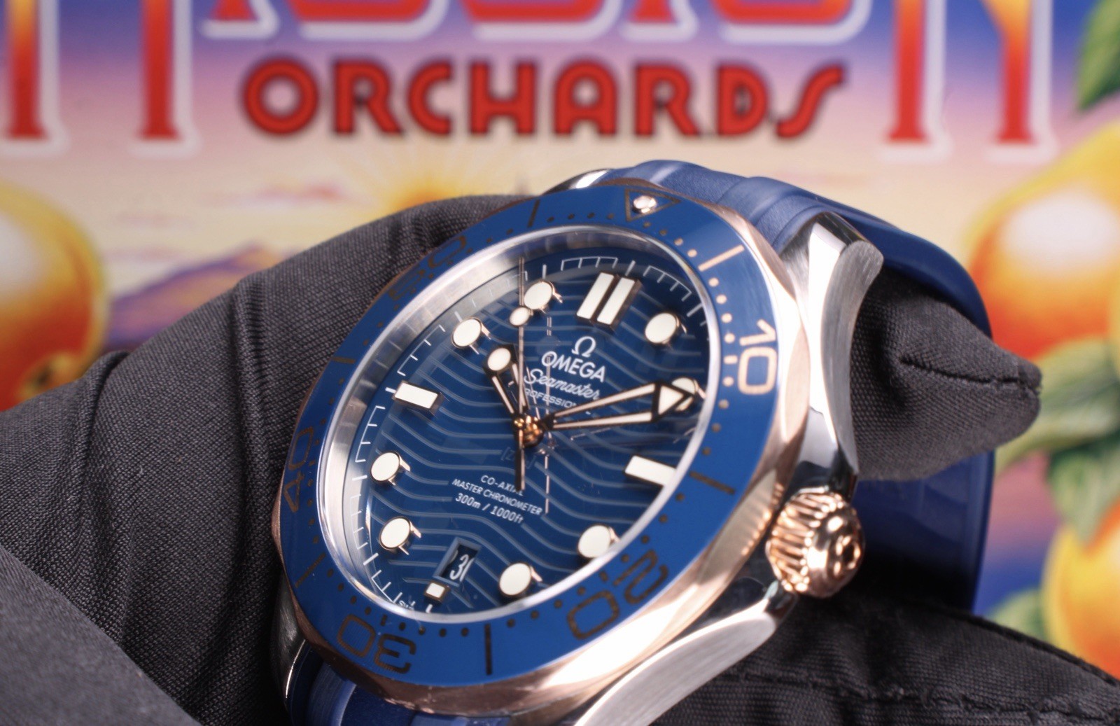 Omega Seamaster 300M Blue Wave Dial Sedna Gold Ceramic Bezel 210.22.42.20.03.002
