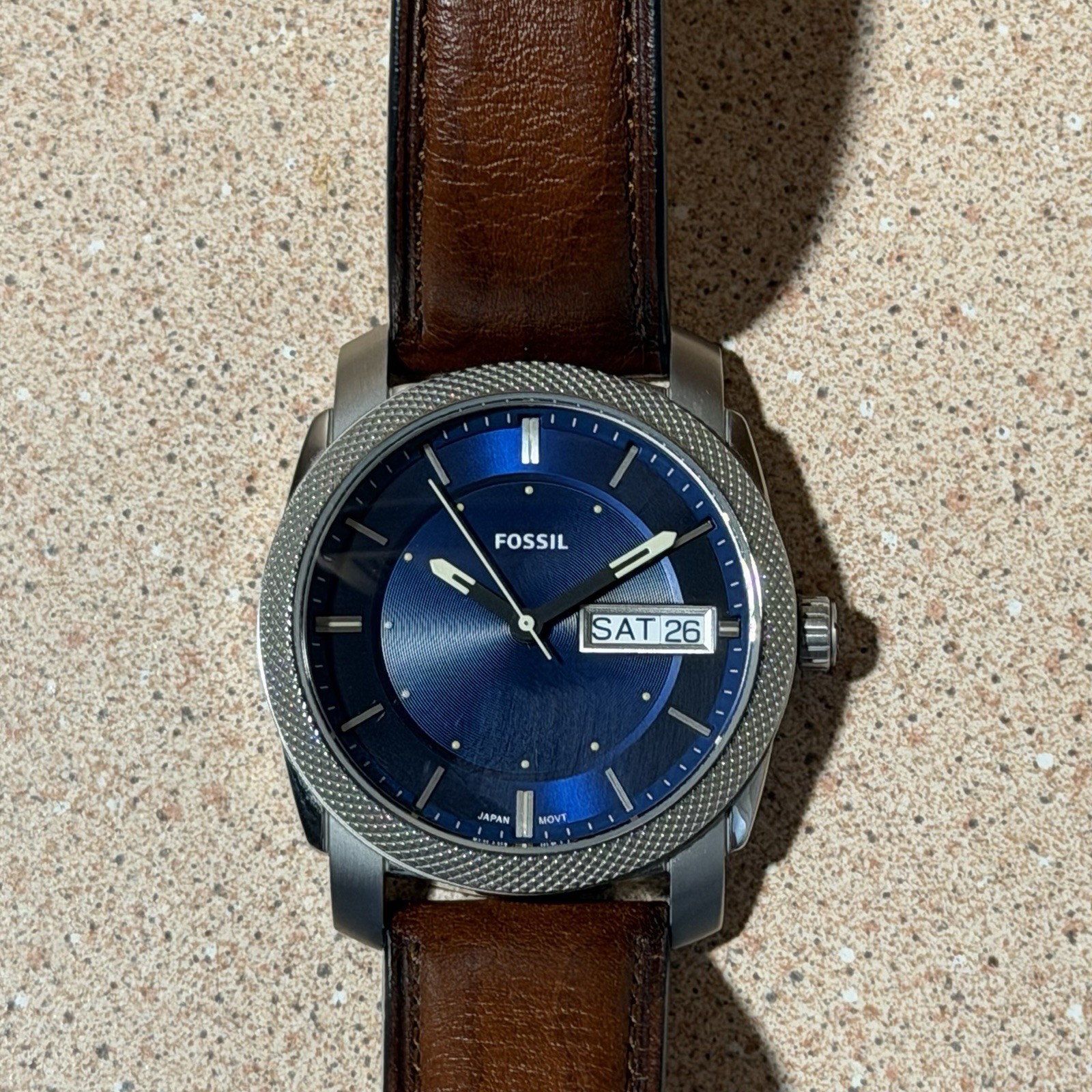 Fossil FS5920 Men’s Quartz Wristwatch Blue Sunray Dial Day-Date Leather 40mm