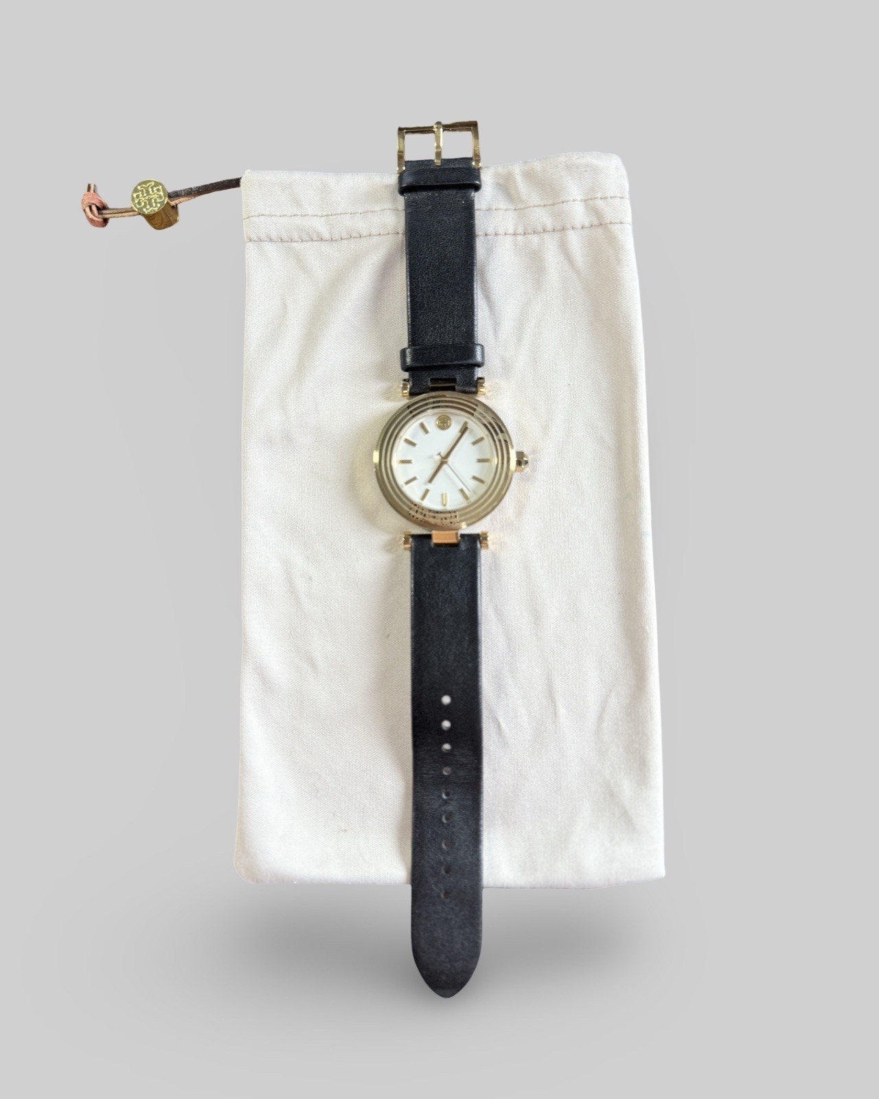 AUTHENTIC Tory Burch Classic-T Ivory Dial Black Leather Strap Watch TBW9003-USED