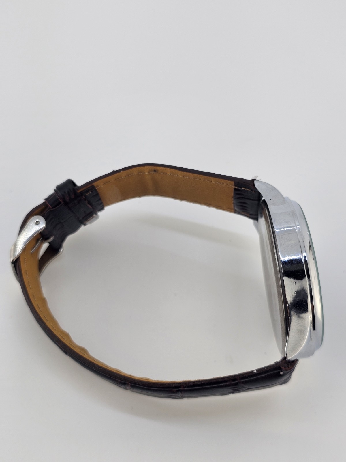 Men’s Analog Watch 45MM Brown Dial Dark Brown Faux Leather Bands New Battery