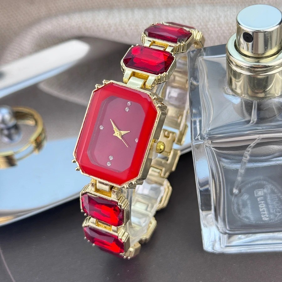 Square Case Quartz Wrist Watches for Women Faux Gem Strap Bracelet Banquet Watch