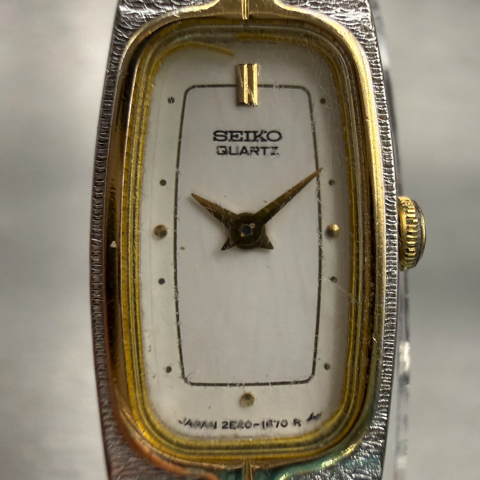Seiko Watch Women 13mm White Dial Two Tone Rectangle 2E20-6319 VTG New Battery