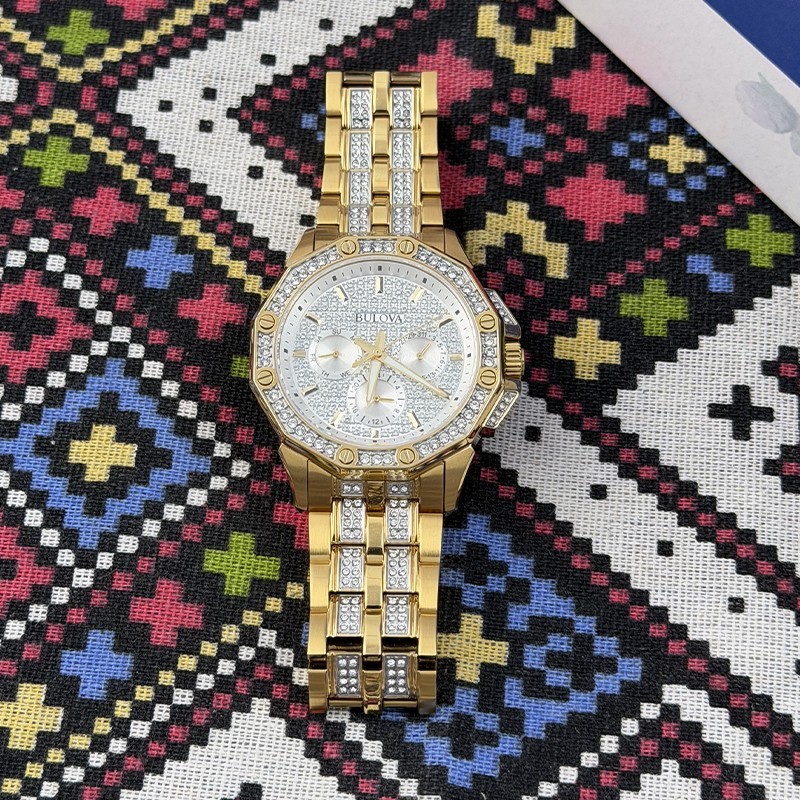 Bulova Men Crystal Octava 98C126 Gold Silver Dial Diamond Quartz Watch 41.5mm