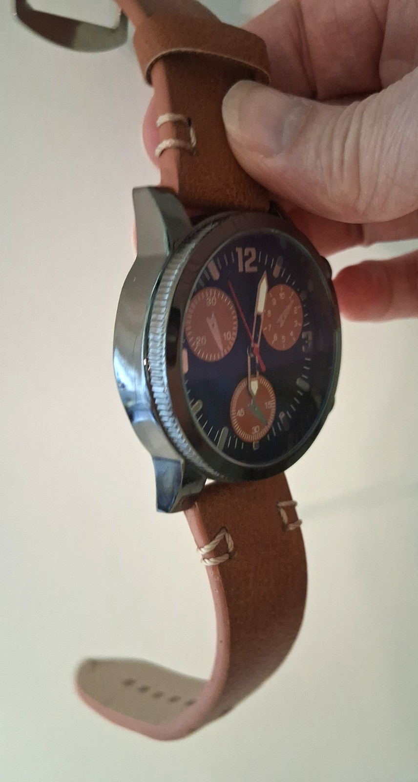 Chronograph Watch Dark Brown face Brown subdials Brown leather strap Working