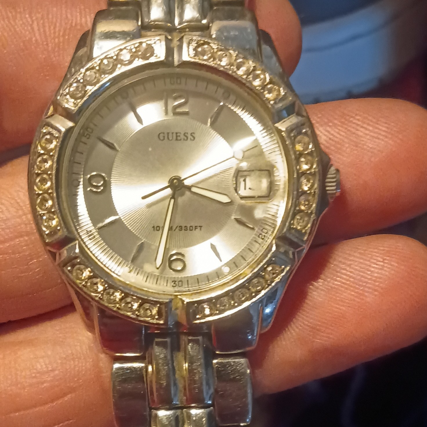 GUESS Women’s Quartz Analog Silver Tone SS Bracelet Date Watch 100m