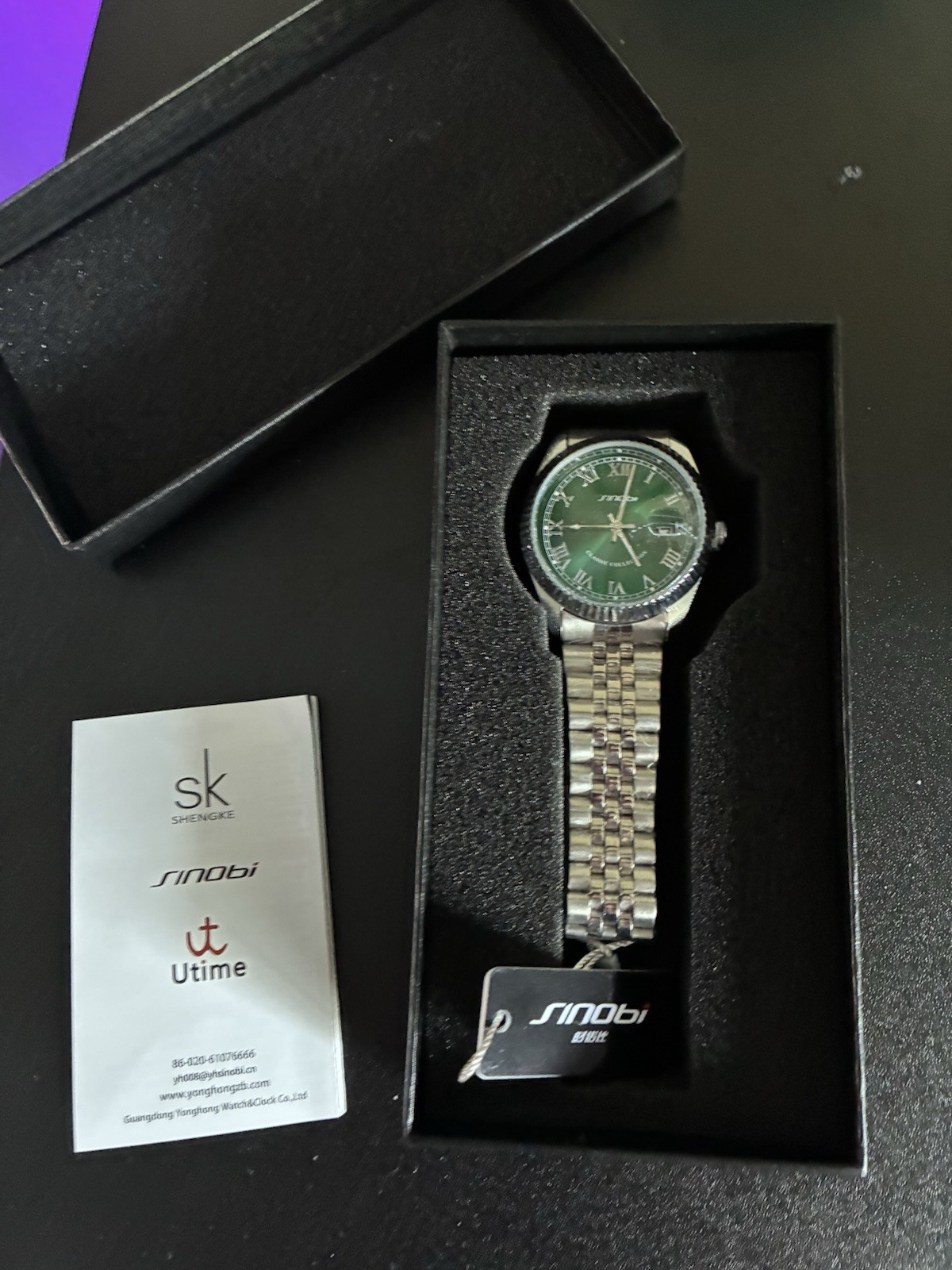 Sinobi Classic Collection Men’s Quartz Watch Green Dial Roman Numerals Box