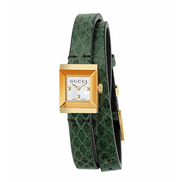NEW GUCCI G Frame Double Mother of Pearl Dial Green Leather Strap Watch YA128525
