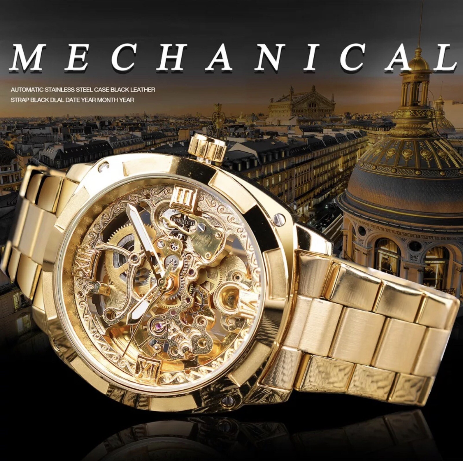 Forsining Mens Skeleton Mechanical Waterproof Luxury Watch Gold Gift Idea