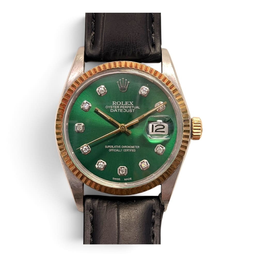 Rolex Datejust 36 mm Two Tone Green Diamond Dial Leather Watch 16013 Circa 1985