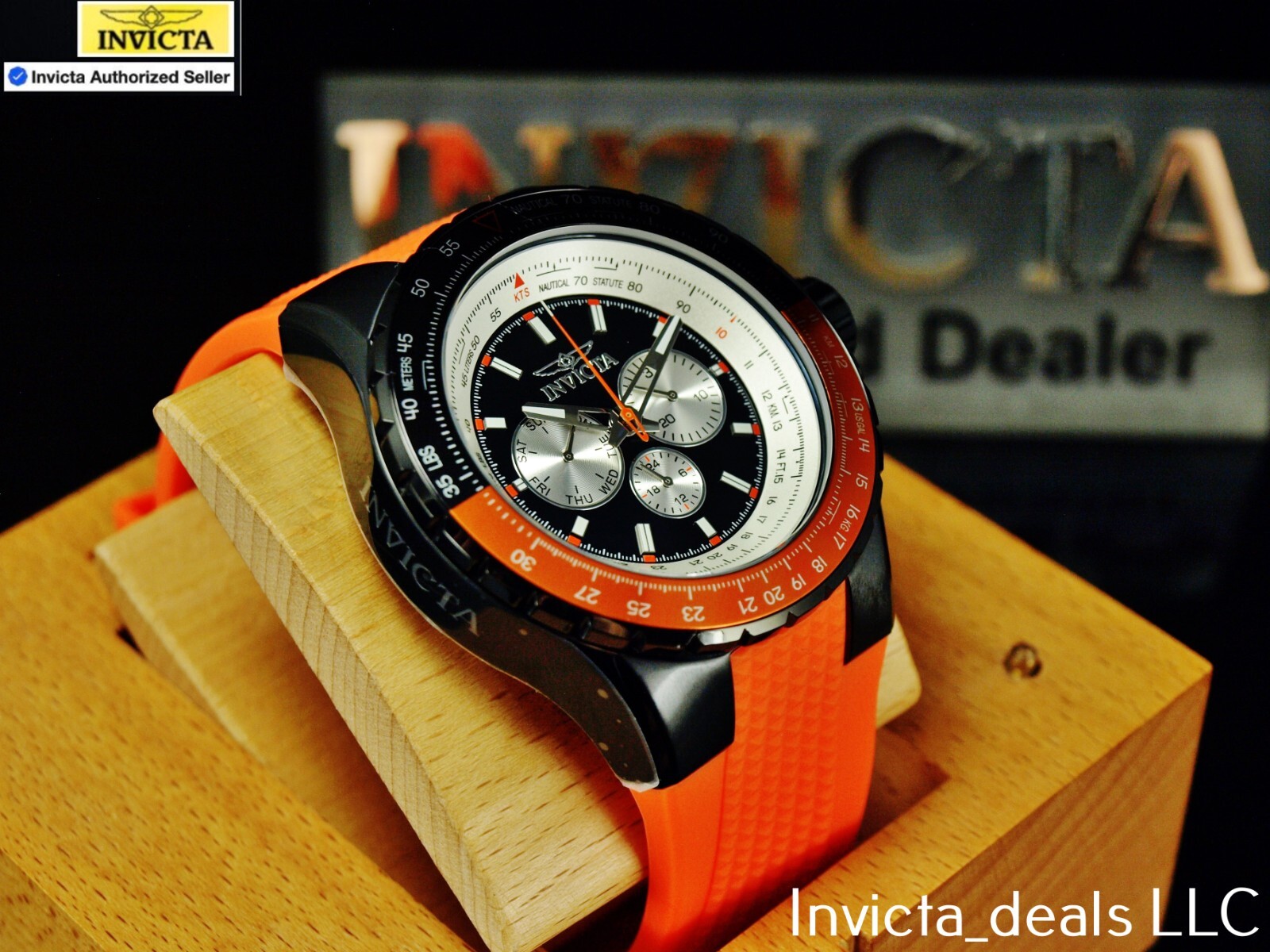 Invicta Men’s 50mm AVIATOR NAUTICAL Series Quartz BLACK DIAL Orange Tone SS Watc
