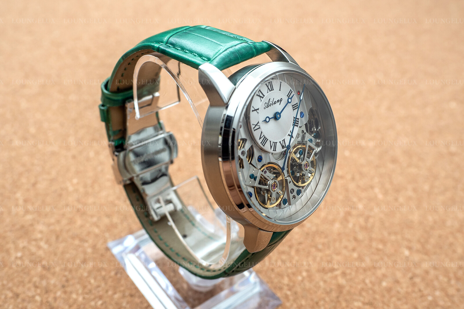 Mens Double Flywheel Automatic Mechanical Watch Silver White Dial Green Leather