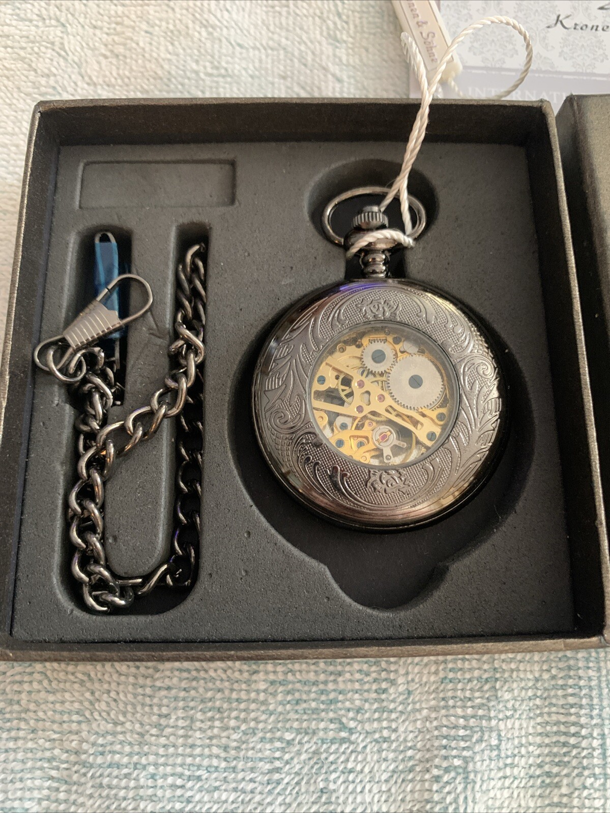 Kronen & Sohne Black Mechanical Pocket Watch In Original Box W Fob Chain