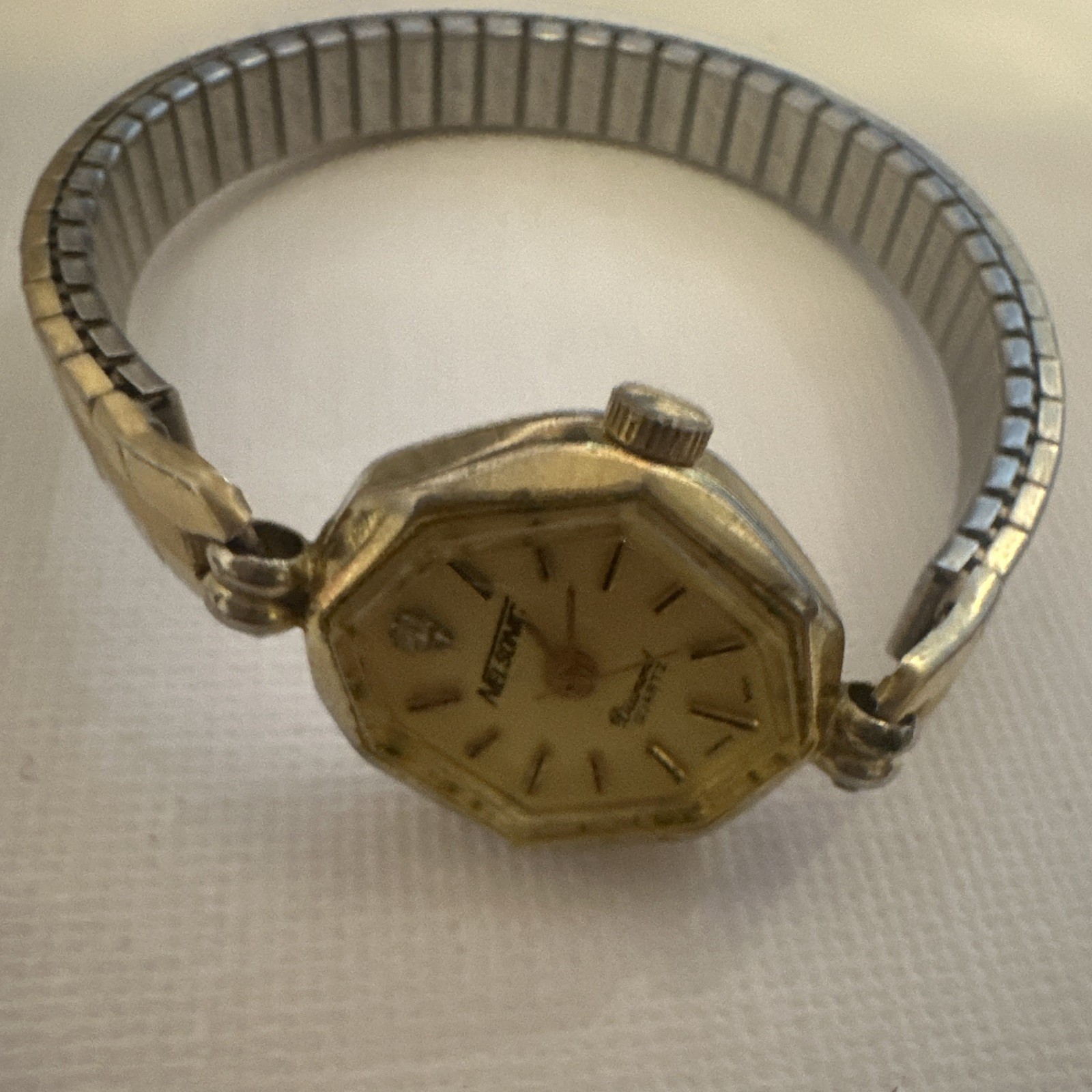 Nelsonic Lady Octagon Analog Mechanical Watch Gold Dial Stretch Bracelet